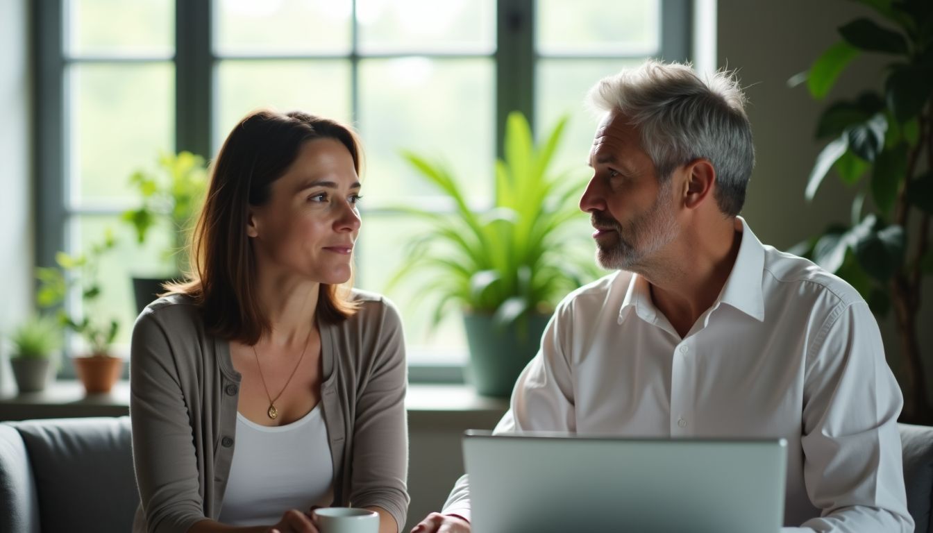 Un couple discute des avantages fiscaux des panneaux solaires dans leur bureau à domicile.