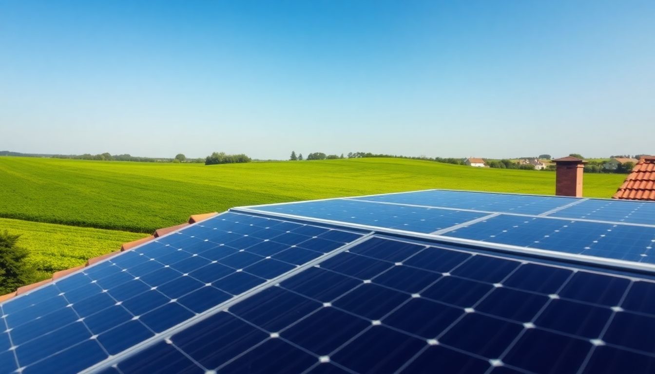 Une installation de panneaux solaires sur le toit d'une maison de campagne en France.