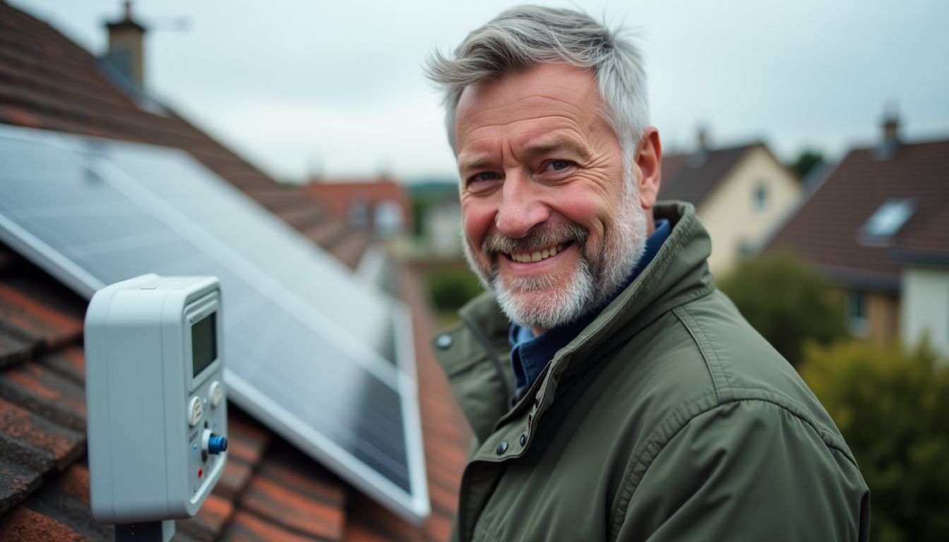 Un homme souriant vérifiant un compteur d'électricité sur un toit équipé de panneaux solaires.