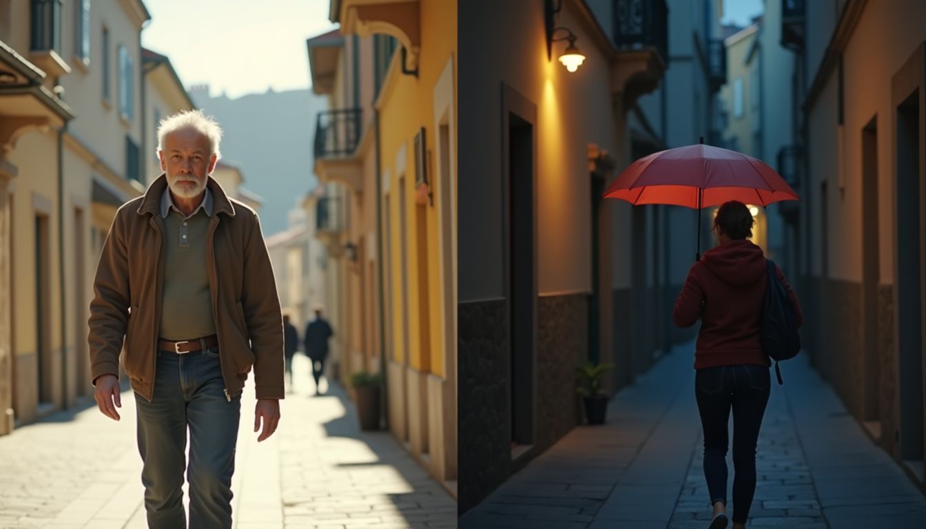 Un homme âgé marche dans une rue ensoleillée du sud de la France, tandis qu'une jeune femme tient un parapluie dans une ruelle sombre du nord de la France.