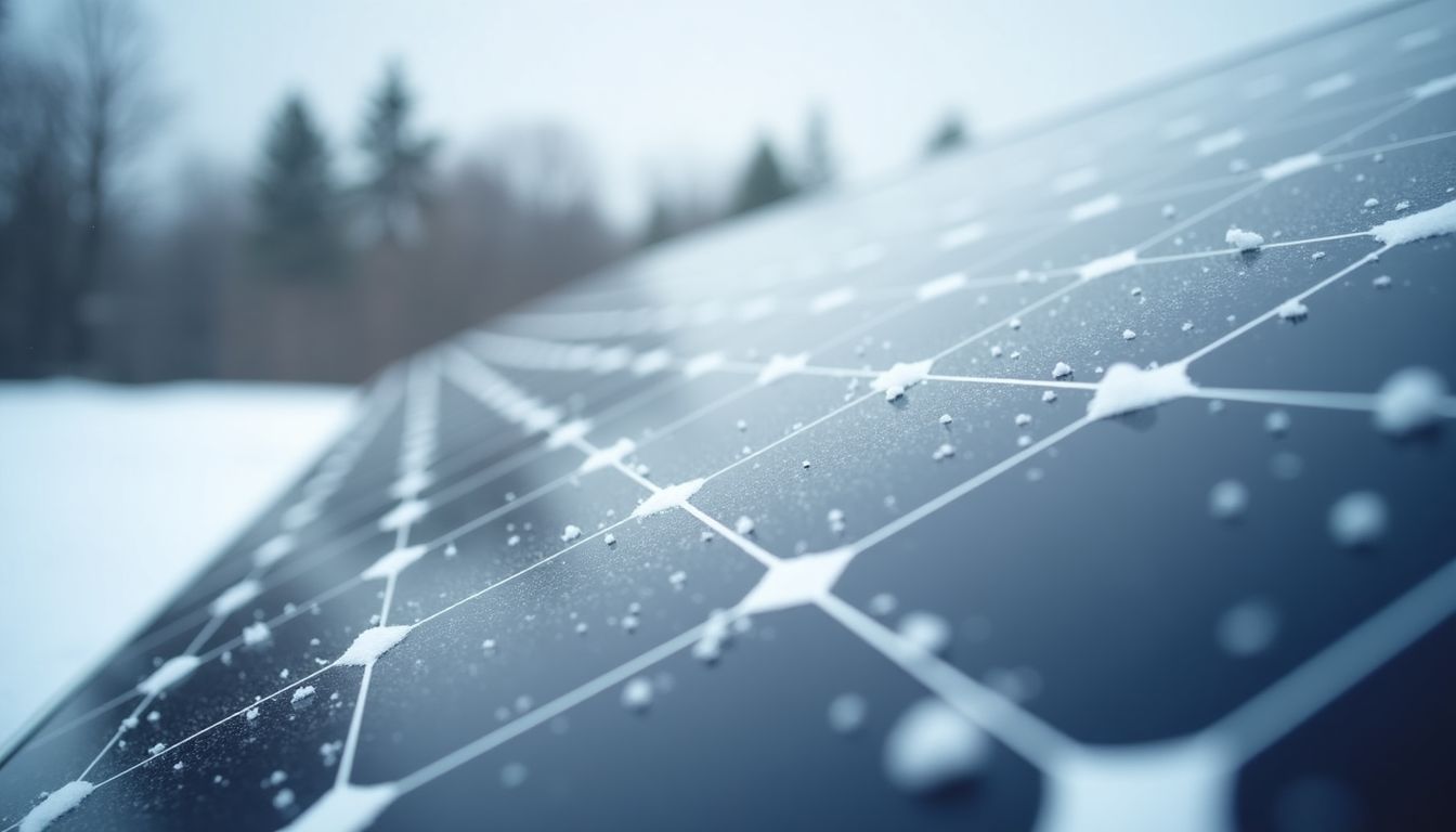 A snow-covered solar panel on a cloudy winter day.